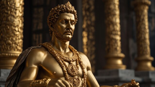Statue of Midas, the king with the golden touch, with hands glowing as they transform items into gold, against a backdrop of amassed wealth and a sorrowful expression, carvings portraying the price of