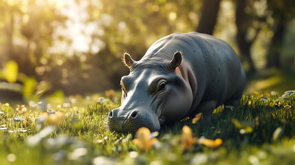 Fototapeta premium Hippopotamus relaxing in sunlit meadow surrounded by flowers during golden hour