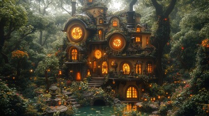 Enchanted forest house, glowing windows, lush garden.