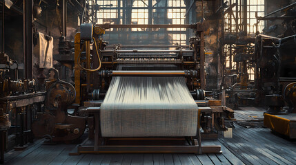 Intricately crafted fabric emerging from a mechanized loom. Looming. Illustration
