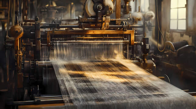 Intricately crafted fabric emerging from a mechanized loom. Looming. Illustration
