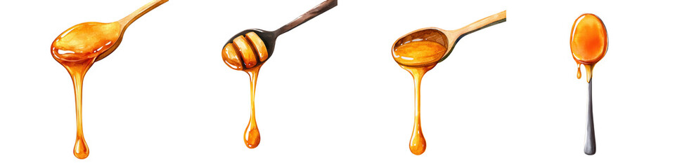Dripping honey from spoons in various styles and colors, showcasing sweetness, isolated on transparent background.