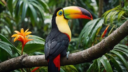Fototapeta premium Vibrant Toucan Perched on a Branch in a Tropical Rainforest