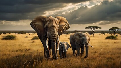 Obraz premium Elephant Family Walking Through the African Savannah