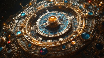 Ornate golden celestial clockwork sphere.