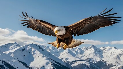 Bald Eagle in Midflight over Snow-Capped Mountain Range - Majestic Wildlife Scene