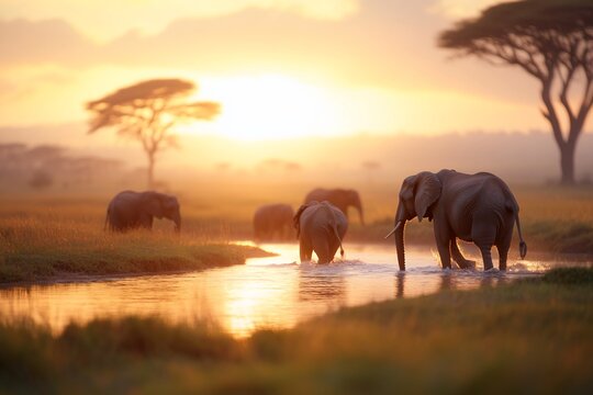 African elephants crossing a river at sunrise. - Powered by Adobe
