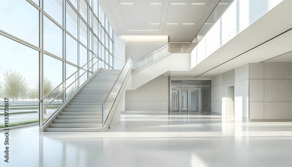 Poster modern interior space with a staircase and large windows, emphasizing light and openness.