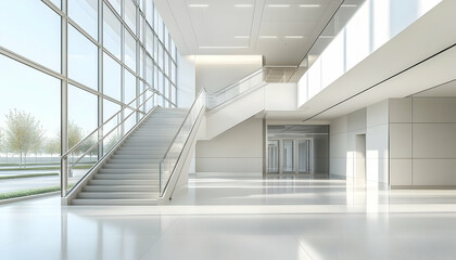 Modern interior space with a staircase and large windows, emphasizing light and openness.