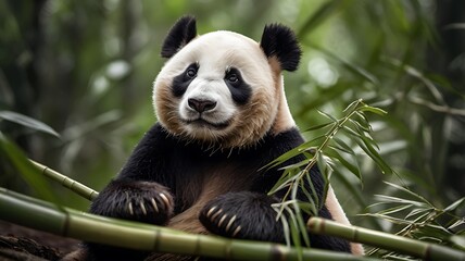 Obraz premium Close-up of a Giant Panda Eating Bamboo in a Natural Green Forest