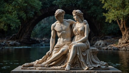 Statue of Orpheus, the god of love, embracing Eurydice with lotus flowers symbolizing life and death at his feet, and the dark river of Hades in the backdrop, carvings depicting his tender yet fateful