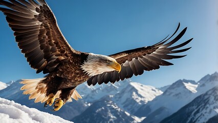 Obraz premium Bald Eagle in Midflight over Snow-Capped Mountain Range - Majestic Wildlife Scene