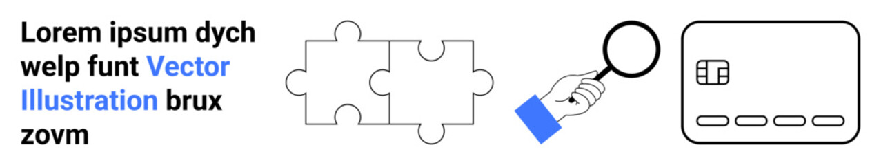 Hand holding magnifying glass near puzzle pieces and device screen with text placeholder. Ideal for search, analysis, problem-solving, innovation, user interface, digital content, business. Landing