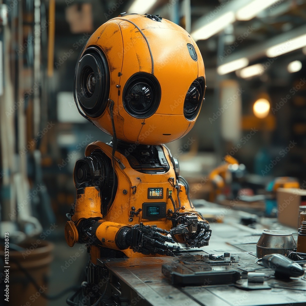 Poster cute orange robot working on a metallic table in a workshop.