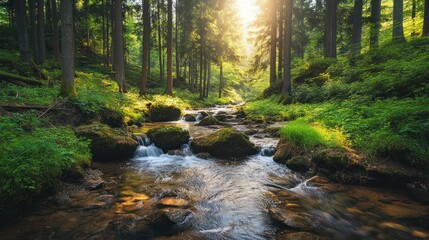 Obraz premium Sun shines over stream in woods.