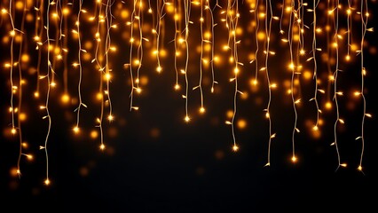 Fototapeta premium Cascading golden fairy lights creating a magical, enchanting effect, perfect for festive backgrounds and holiday decorations.