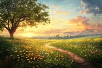 Serene Sunset Path Through Wildflower Meadow