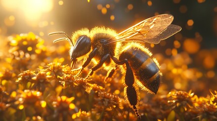 Naklejka premium Golden Honeybee on a Sunny Flower: Macro Photography
