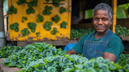 Fototapeta premium Portrait of a smiling farmer amidst lush green plants at his market stall.