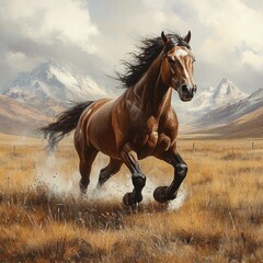 Fototapeta premium Majestic brown horse galloping across a vast, golden field with majestic mountains in the background.