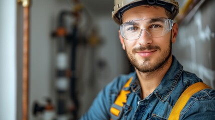 Portrait of a smiling male technician wearing safety glasses and a hard hat.