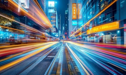 Fototapeta premium Night city street with light trails.