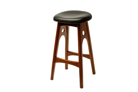 Wooden Bar Stool with Leather Seat Isolated on PNG Transparent Background