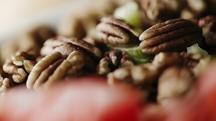 close-up of pecans dissolving into an image of a healthy meal plate, representing the connection between delicious meals and superfoods for health. [Nuts]:[Superfood] 