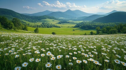 A serene landscape filled with daisies, rolling hills, and distant mountains under a blue sky.