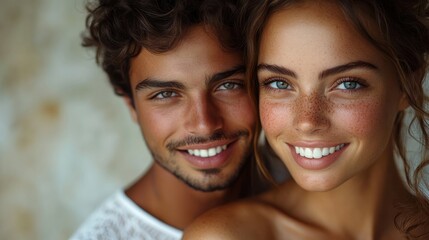 A smiling couple posing closely, showcasing happiness and connection.
