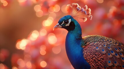 Obraz premium Vibrant peacock, orange bokeh background.