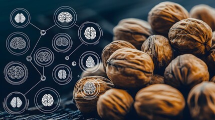 of walnuts, integrated with an image of brain health symbols, emphasizing cognitive benefits. | [Nuts]:[Superfood] 