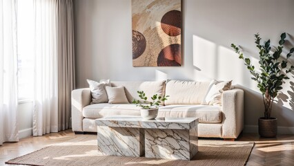 Generative AI, Contemporary living room with textured sofa and neutral tones