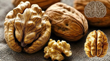 of walnuts, integrated with an image of brain health symbols, emphasizing cognitive benefits. | [Nuts]:[Superfood] 