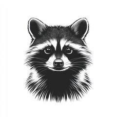Obraz premium Detailed black and white illustration of a raccoon's head, facing forward, with expressive eyes and a friendly expression..