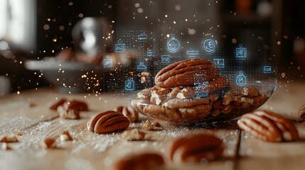 of pecans, integrated with an image of antioxidant symbols, highlighting their immune-boosting properties. | [Nuts]:[Superfood] 