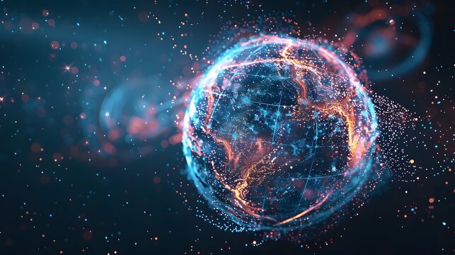 Abstract glowing digital Earth with red and blue particles.