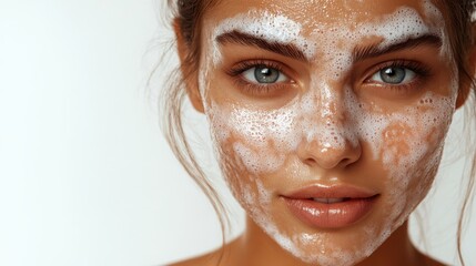 A close-up of a woman?s face with cleansing foam, highlighting skincare routine.