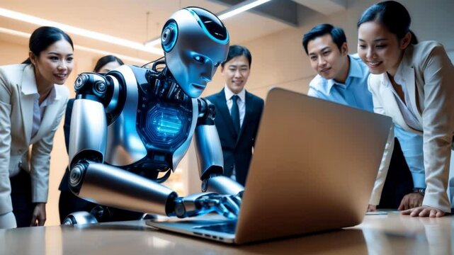 Humanoid robot typing on laptop computer while group of business professionals watch with amazement in modern office, integration of advanced AI of sophisticated technology and robotics at work