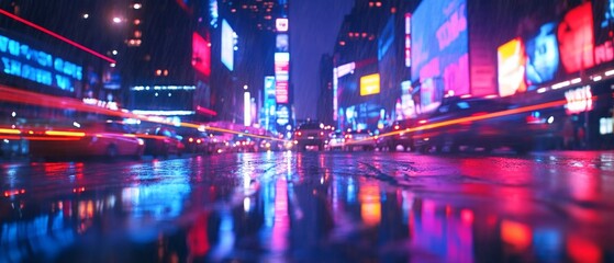 Fototapeta premium Vibrant cityscape at night with reflections and motion blur.