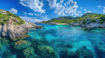 Fototapeta premium Crystal cove with clear water and rocky coast under blue sky.