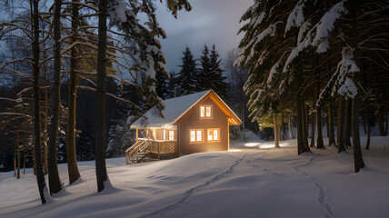 A cozy cabin in a snowy landscape at night, illuminated by warm light from the windows. The scene...