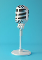 a silver microphone on a blue background. Retro-style concept for a podcast, interview, or live show banner with a copy space area.  Made by AI