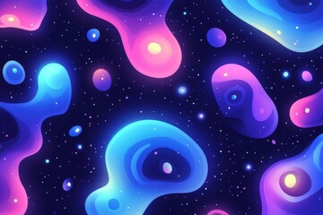 Colorful Abstract Space Design with Vibrant Organic Shapes and Stars in a Deep Blue Background, Ideal for Cosmic Themed Projects and Digital Artworks