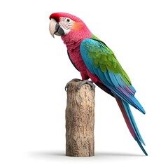 Fototapeta premium Colorful parrot perched on a tree stump, showcasing vibrant feathers in shades of pink, blue, green, and yellow, isolated on a white background