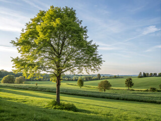 landscape with a tree. tree, landscape, grass, sky, nature, field, green, meadow, summer, blue, spring, countryside, cloud, rural, clouds, horizon, forest, natural, outdoor, park, country, hill, land,