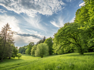 Obraz premium landscape with trees and sky. landscape, nature, forest, tree, sky, grass, green, summer, trees, meadow, clouds, mountain, field, pine, spring, park, outdoors, rural, cloud, environment, mountains, au