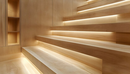 Obraz premium Modern wooden staircase with integrated lighting, creating a warm and inviting atmosphere.