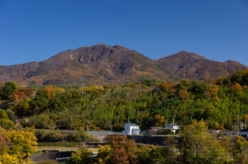 紅葉最盛期の塩川流域から眺める金ヶ岳と茅ヶ岳