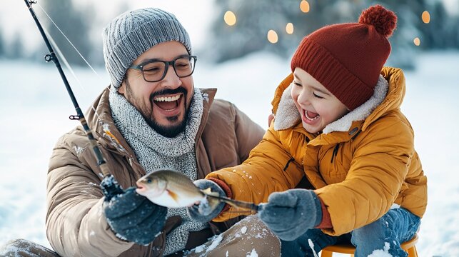 Father son happy smiling winter concept. A joyful father and son share a winter fishing moment, celebrating their catch amidst a snowy landscape.